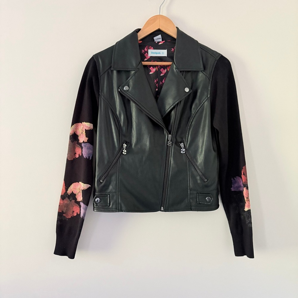 Desigual Moto Jacket 42 Black Floral Knit Sleeve Mixed Media Biker - Picture 3 of 16